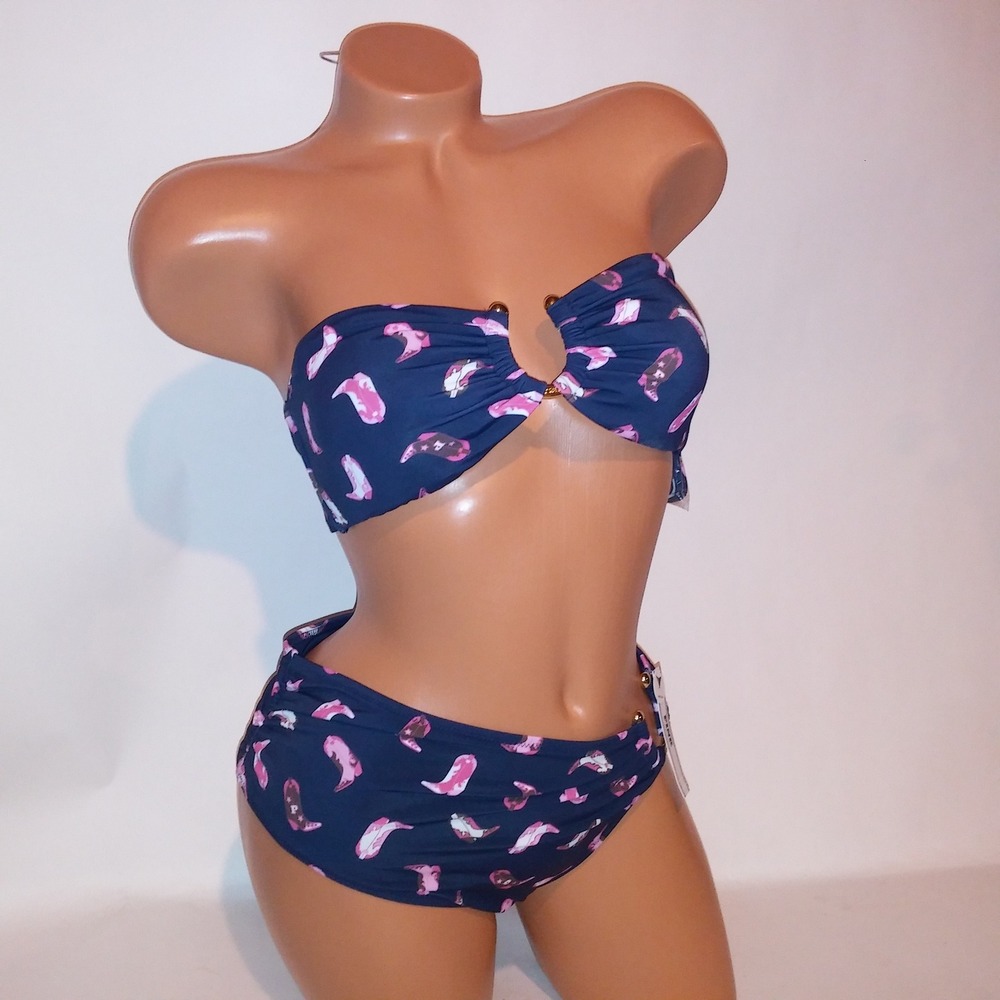 Victoria Secret PINK Swim Bikini Medium Top & Bottom Navy Blue Pink Cowgirl New
